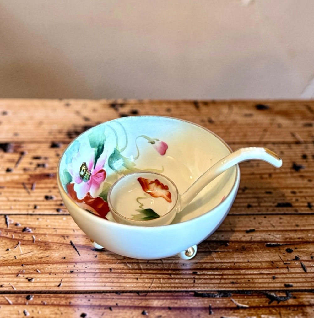 Antique Nippon Porcelain Mayonnaise Bowl & Ladle Floral Gold Trim 3 Footed Japan